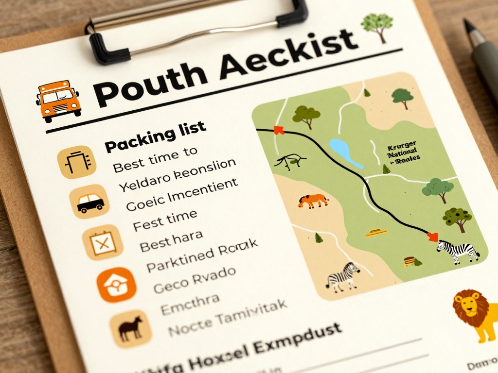 Safari-Planungs-Infografik mit Checkliste für Südafrika: Parks, Packliste und Routen