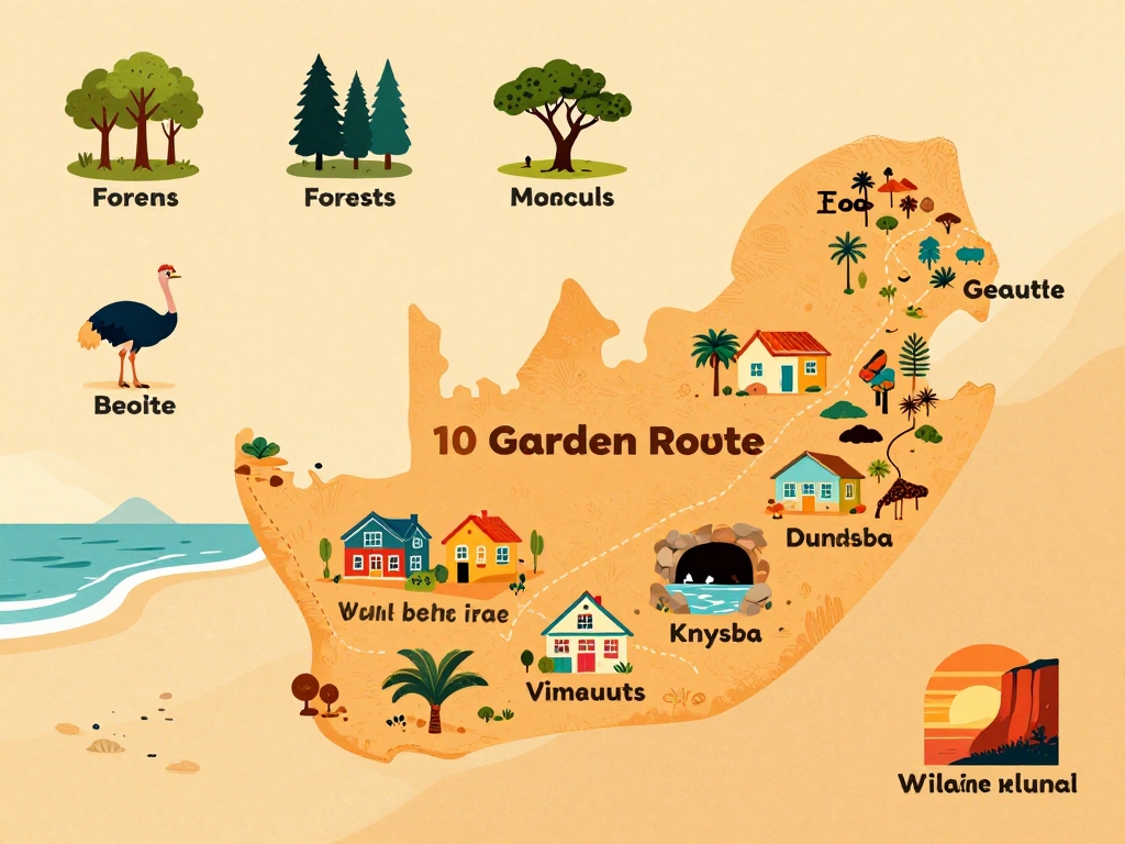 Infografik Top 10 Garden Route Stops: Karte mit Icons für Strände, Wälder, Höhlen und mehr